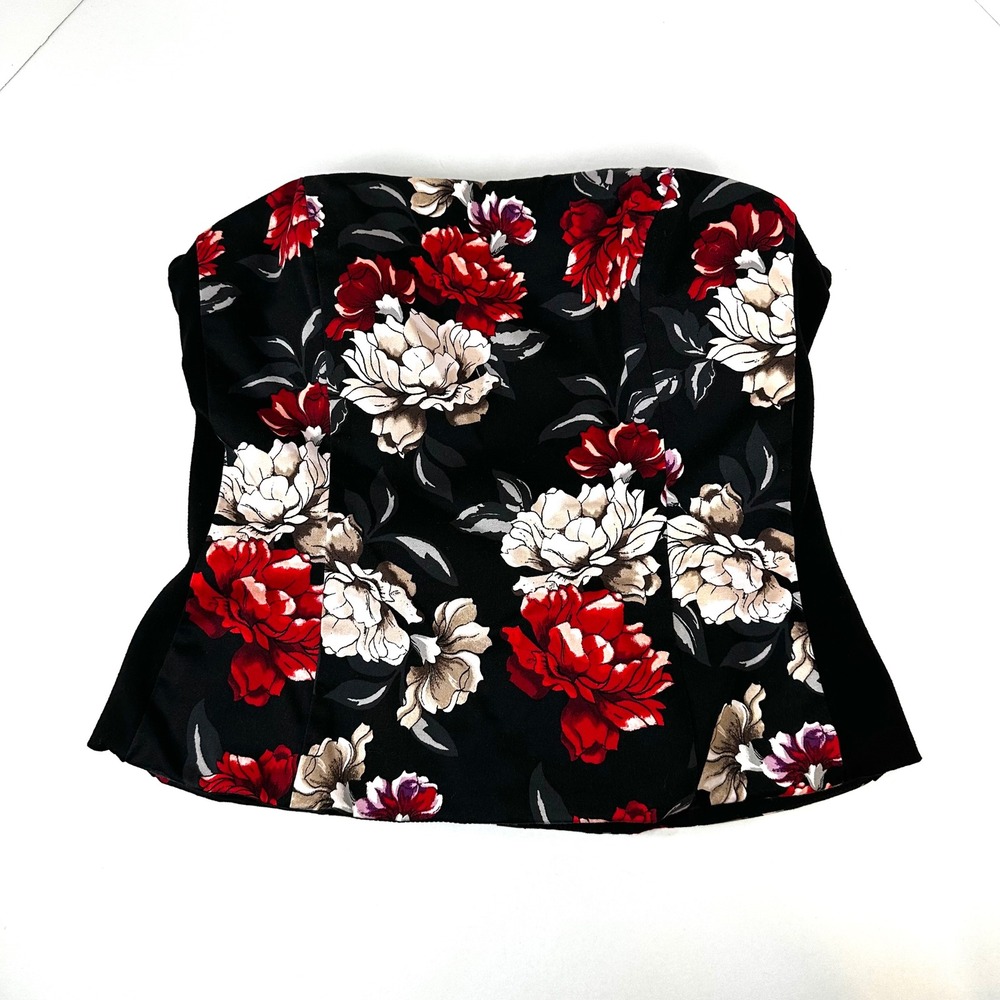 White House Black Market Floral Strapless Peplum Top Corset Bodice Black Red 8 - Picture 2 of 7